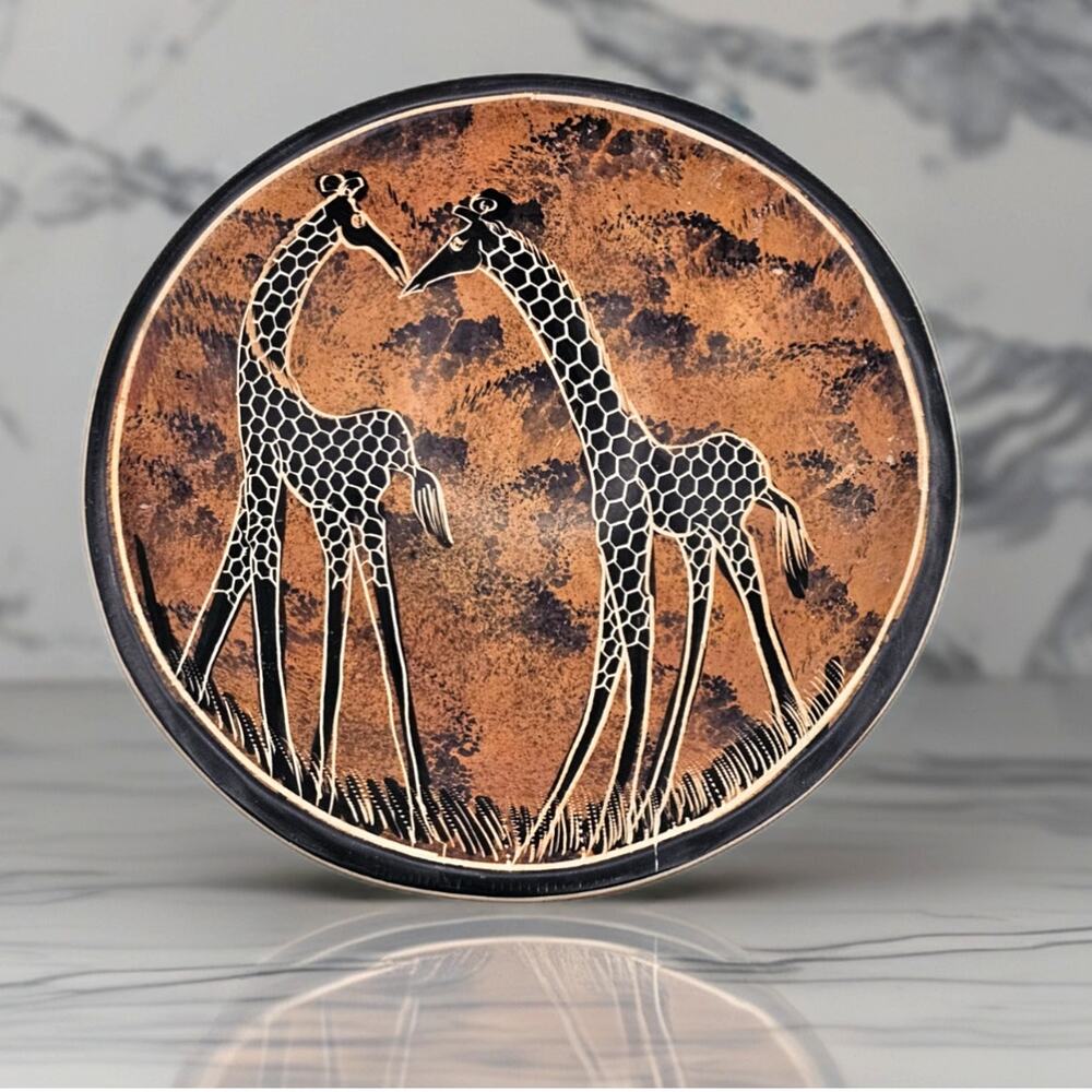 Kisii Soapstone Bowl Kenya Hand Carved Giraffes African Wildlife Savanna Scene